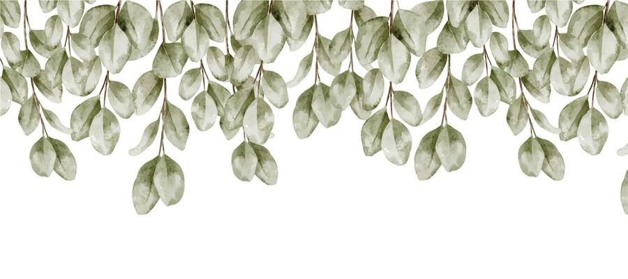 Watercolor illustration of botanical seamless Border with Eucalyptus branches and leaves. Drawing of Frame for wedding invitation, stationery backgrounds and Baby shower greeting cards.