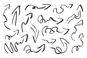 A set of hand-drawn arrows, pointers in black marker. Curved, straight, twisted, and calligraphic arrows of various shapes for designing infographics, educational materials, stickers. symbols. vector