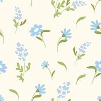 Spring seamless pattern with small blue wildflowers and light greenery on cream background. Gentle floral design for fabric, wrapping paper, spring stationery and packaging. illustration vector
