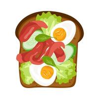 Delicious toast with boiled egg and sausages, cucumber and lettuce Nutritious breakfast or snack. open sandwich illustration for card, banner, poster, print. Top view food design element vector