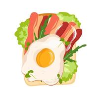 Delicious toast with bacon, fried egg and lettuce. Nutritious breakfast or snack. open sandwich illustration for card, banner, poster, print. Top view fast food design element vector