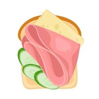 Classic toasted bread slices with cheese and ham. Traditional open sandwich. Nutritious breakfast or snack. illustration for card, banner, poster, print. Top view food design element vector