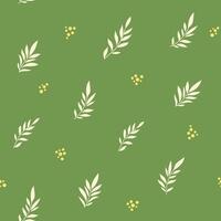 Simple green seamless pattern with hand-drawn leaves and yellow dot accents. Ideal for eco packaging, natural product design, background and organic-themed print projects Spring illustration vector