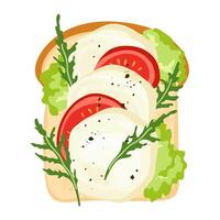 illustration of healthy toast with mozzarella and tomatoes slices, arugula and cream cheese Nutritious vegan breakfast or snack. Perfect for card, banner, poster, print or food design element vector