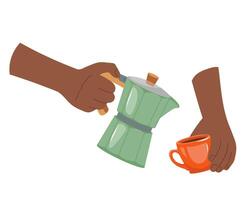 Hands pouring rich aromatic coffee from Italian moka pot in sleek espresso cup Design element for cafe design, menu, banner, poster, print illustration fragrant coffee ritual to start the day vector