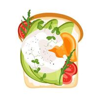 Healthy toast with poached egg and avocado slices, tomatoes, arugula and cream cheese Nutritious vegan breakfast or snack. illustration for card, banner, poster, print or food design element vector