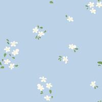 Minimal seamless pattern with tiny white flowers scattered on pastel blue background. Perfect for stationery, children's textile, eco wrapping, spring decor and light fabric design. vector