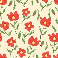 Seamless pattern with blooming red poppies and buds on cream background. Delicate floral print for spring and summer wrapping paper, packaging, textiles, seasonal cards and vintage design vector