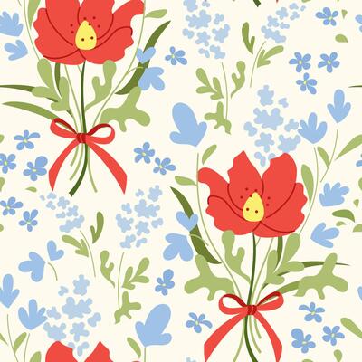 Colorful seamless pattern with red poppies flowers, blue greenery and ribbon-tied bouquets. Decorative botanical design for fabric, paper, packaging, wedding stationery. Summer illustration
