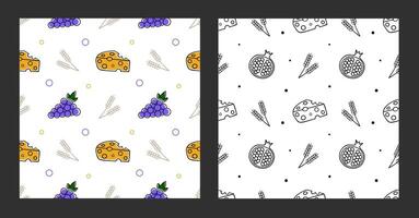 Seamless pattern set with grapes, cheese and wheat vector