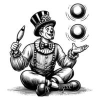 happy smiling clown juggling ball sketch engraving black and white outline. Scratch board imitation. vector