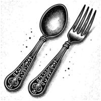 Fork and spoon engraving black and white outline. Scratch board imitation. illustrated in vintage line art style on a white background. vector