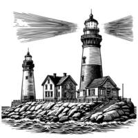 light house sketch engraving black and white outline. Scratch board imitation. vector