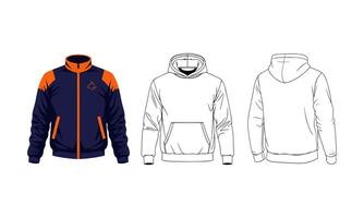 Clothing mockup set with jacket and hoodie. Apparel template with front and back view of a blank sweatshirt for fashion or technical sketch vector