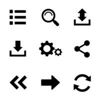 Black UI icons set for website or app development featuring download upload share and settings. vector