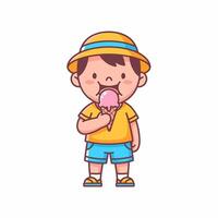 Cartoon boy enjoying summer with delicious ice cream cone illustration vector