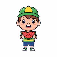 Cartoon child enjoys a juicy watermelon slice on a bright sunny summer day vector