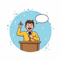 Man at podium giving presentation, sharing idea with microphone vector