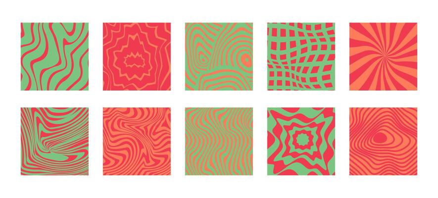 Psychedelic Optical Illusion Pattern Set. Groovy Abstract Backgrounds with Wavy Lines and Shapes