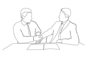 Continuous one line drawing two business men shaking hands. vector