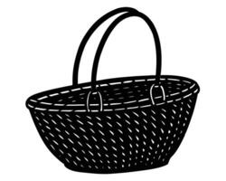 Black and white illustration of a woven picnic basket with a curved handle on a white background vector
