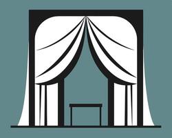 Simple black and white illustration of a wedding archway with white curtains and small table. vector