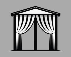 Simplified black and white illustration of a classical architectural window design with curtains vector