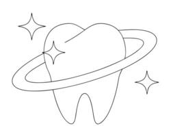 Black and white illustration of a shining tooth with a planet-like ring around it vector