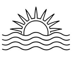 Simple black and white illustration of sun rising over wavy ocean water design elements vector