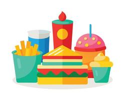 A colorful illustration of various fast food items displayed with a flat design aesthetic vector