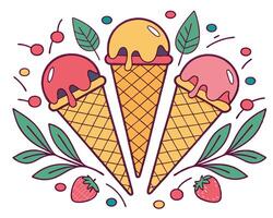 Colorful illustration featuring three ice cream cones with scoops in various flavors surrounded by foliage vector