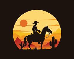 Silhouette illustration of a cowboy riding a horse with a desert sunset background in a circular frame. vector