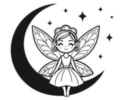 Adorable smiling fairy girl with butterfly wings sitting on a crescent moon in a black and white design. vector