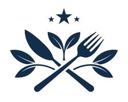 Elegant logo design featuring a knife fork and leaves surrounded by stars perfect for restaurants vector