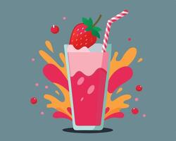 Refreshing strawberry smoothie drink in a tall glass with splash and straw illustration vector