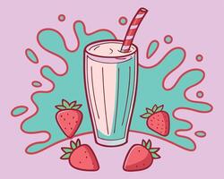 Colorful illustration of a refreshing strawberry milkshake with strawberries and a splash design. vector