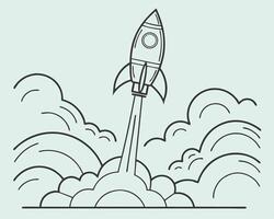 Illustrated graphic of a rocket blasting off from earth with vapor trails and cloud formations. vector