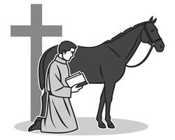 Illustration depicting a priest praying near a horse with a christian cross in the background vector