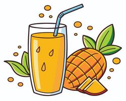 Refreshing glass of pineapple juice with a straw and slices alongside a whole pineapple vector