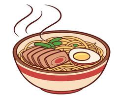 Delicious illustration of a bowl of steaming ramen noodles with sliced pork and a boiled egg. vector