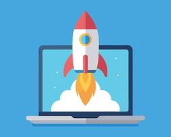 Modern illustration of a rocket launching out of a laptop screen on a blue background vector