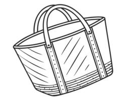 Hand drawn illustration of a picnic basket with handles and simple outlines in black and white vector