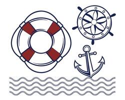 Nautical themed design elements including life preserver, ship's wheel, anchor, and waves illustrations. vector