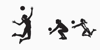 Volleyball Players Silhouettes in Action Serving Passing and Diving Black on White vector