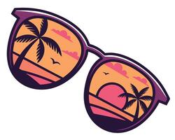 illustration of sunglasses displaying a tropical sunset with palm trees and beach imagery vector