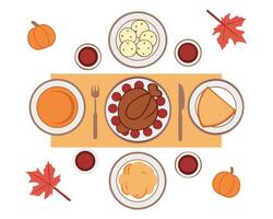 Top down view illustration of a festive thanksgiving dinner table with food and autumn elements. vector