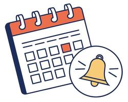Illustrated calendar featuring highlighted date alongside a bell icon for reminders and important events. vector
