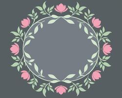 Elegant floral circular frame with pink flowers and green leaves arranged beautifully on a gray backdrop. vector