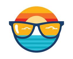 Colorful retro style illustration of sunglasses with a beach scene inside representing summer fun and vacation vector