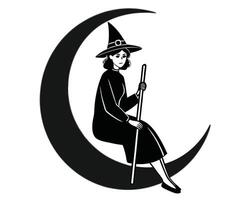 A graceful witch wearing a traditional hat sits serenely on a crescent moon in black and white. vector